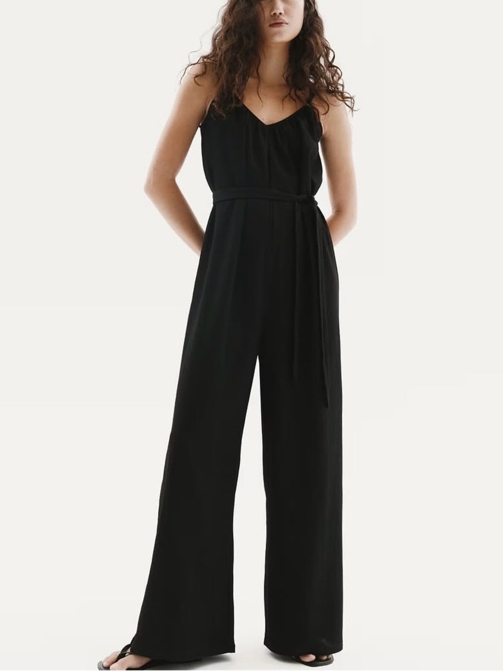 H&M Black Sleeveless Wide-Leg Jumpsuit with Waist Tie
